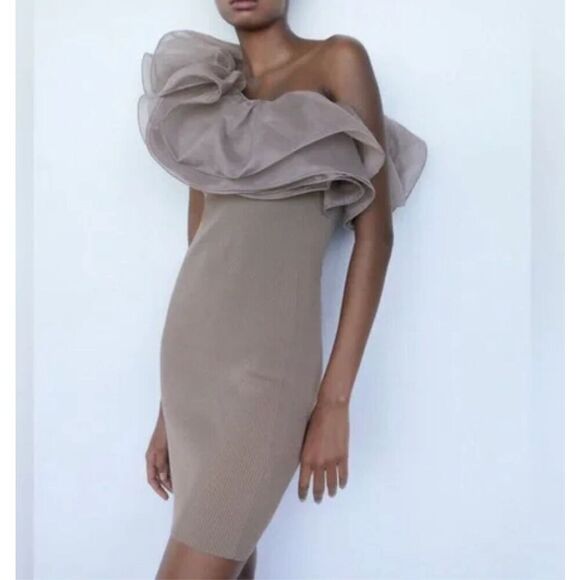 NWT Zara Gray One Shoulder Ruffle Knit Organza Mini Dress Large - Picture 1 of 9